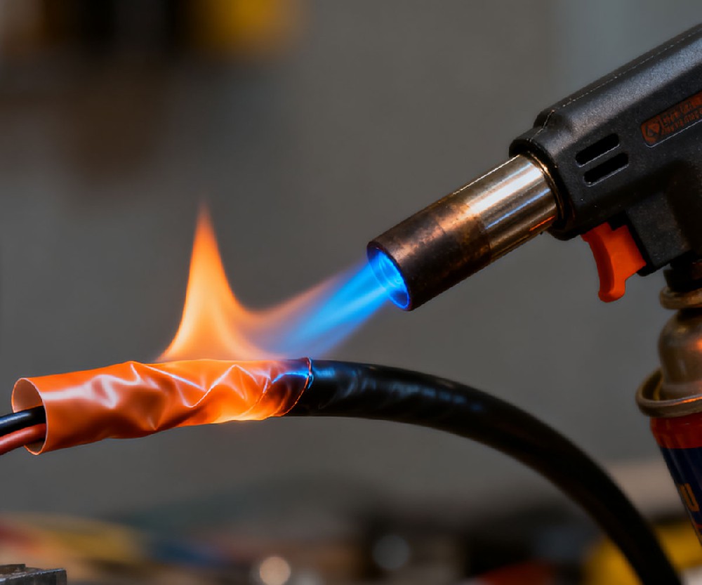 丁烷喷枪给热缩管加热.jpg